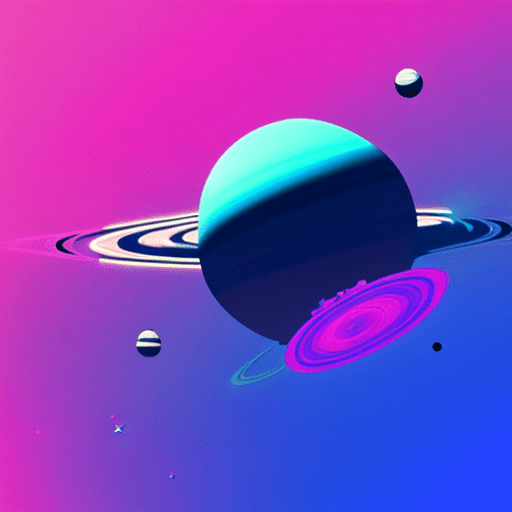 Minimalistic, 2d, saturn-like planet in cyberpunk vibrant pink and blue colors, space grey plain background