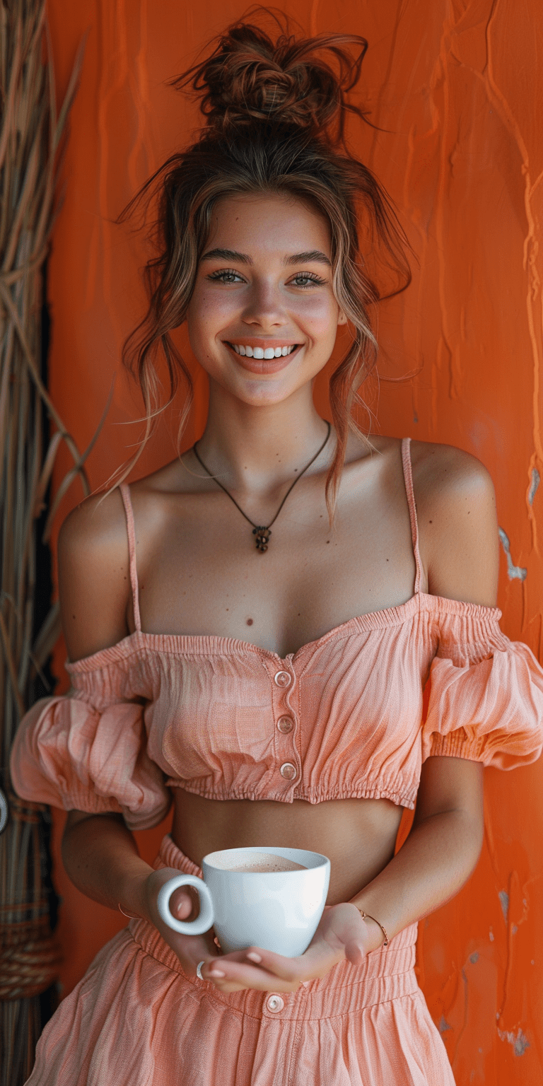 A young woman with two buns hairstyle, wearing pink short sleeves and smiling happily while holding up a white coffee cup in her hand against the background of orange color --ar 1:2 --stylize 750
