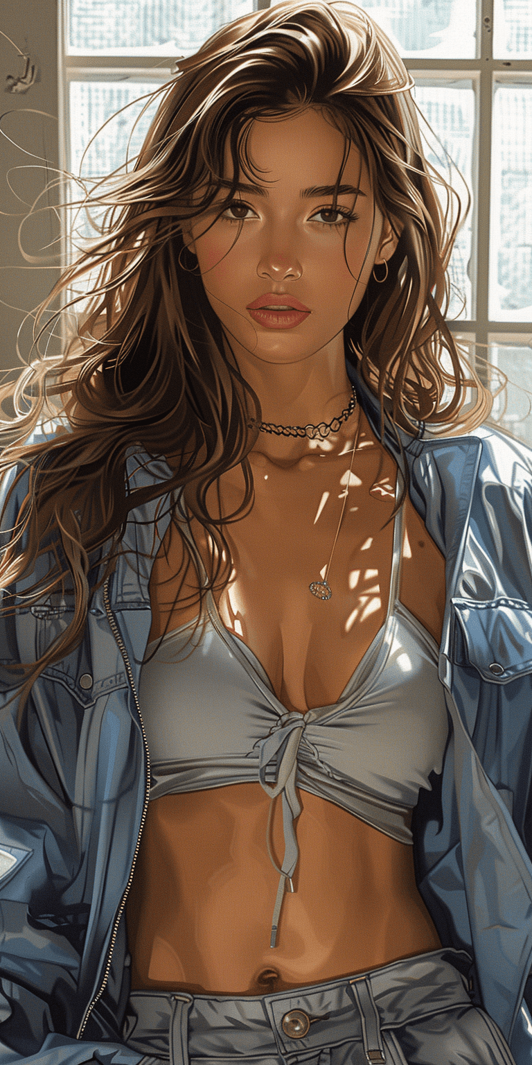A digital illustration of a mid-20s asian woman wearing grey leather pants, a cropped blue jacket, and white sneakers in a full-body shot, brown hair in loose waves with bangs, posing in a fashion style, editorial aesthetic, in the style of an editorial illustration --ar 1:2 --stylize 750