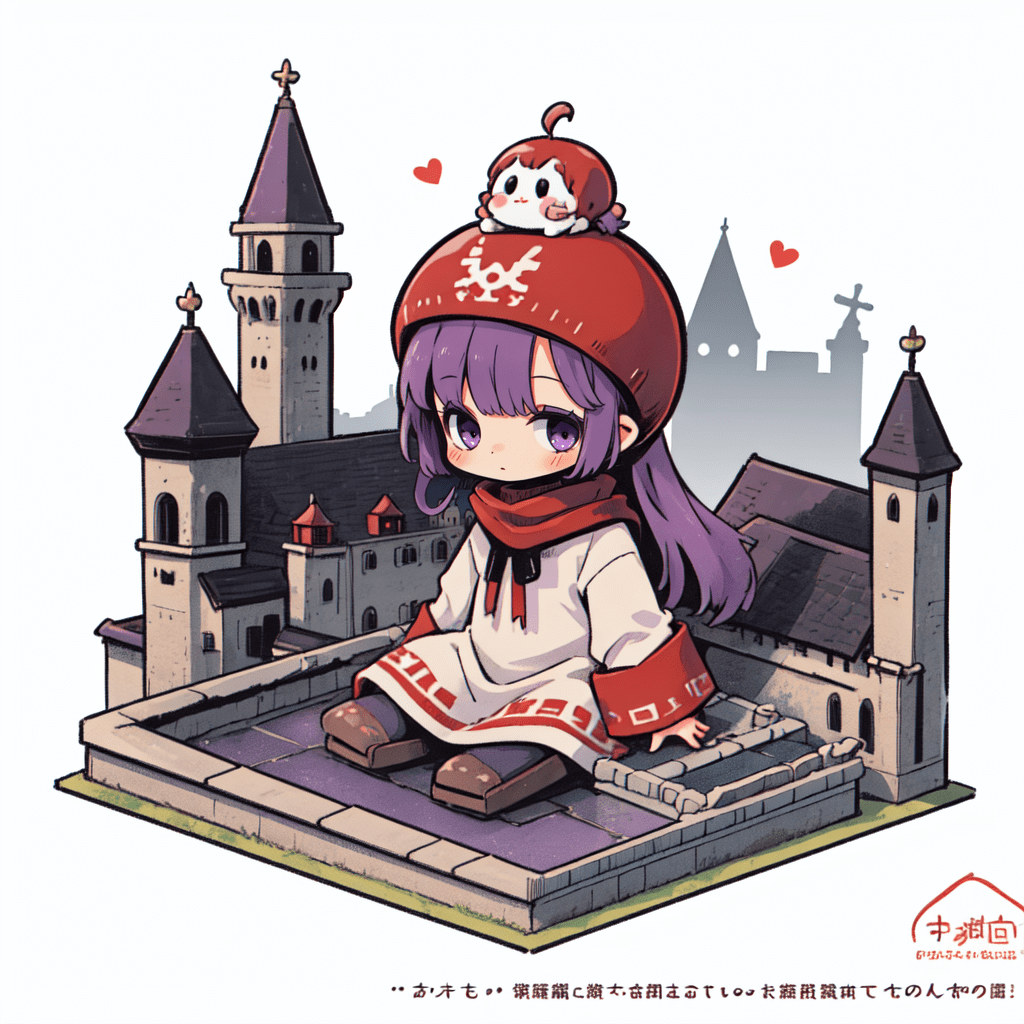 Best quality, fantasy (solo,chibi:1. 2) , dqpom, red hood, purple hair, robe, bottomless, (building:1. 1) on head, (medieval fantasy town isometric:1. 1) ,