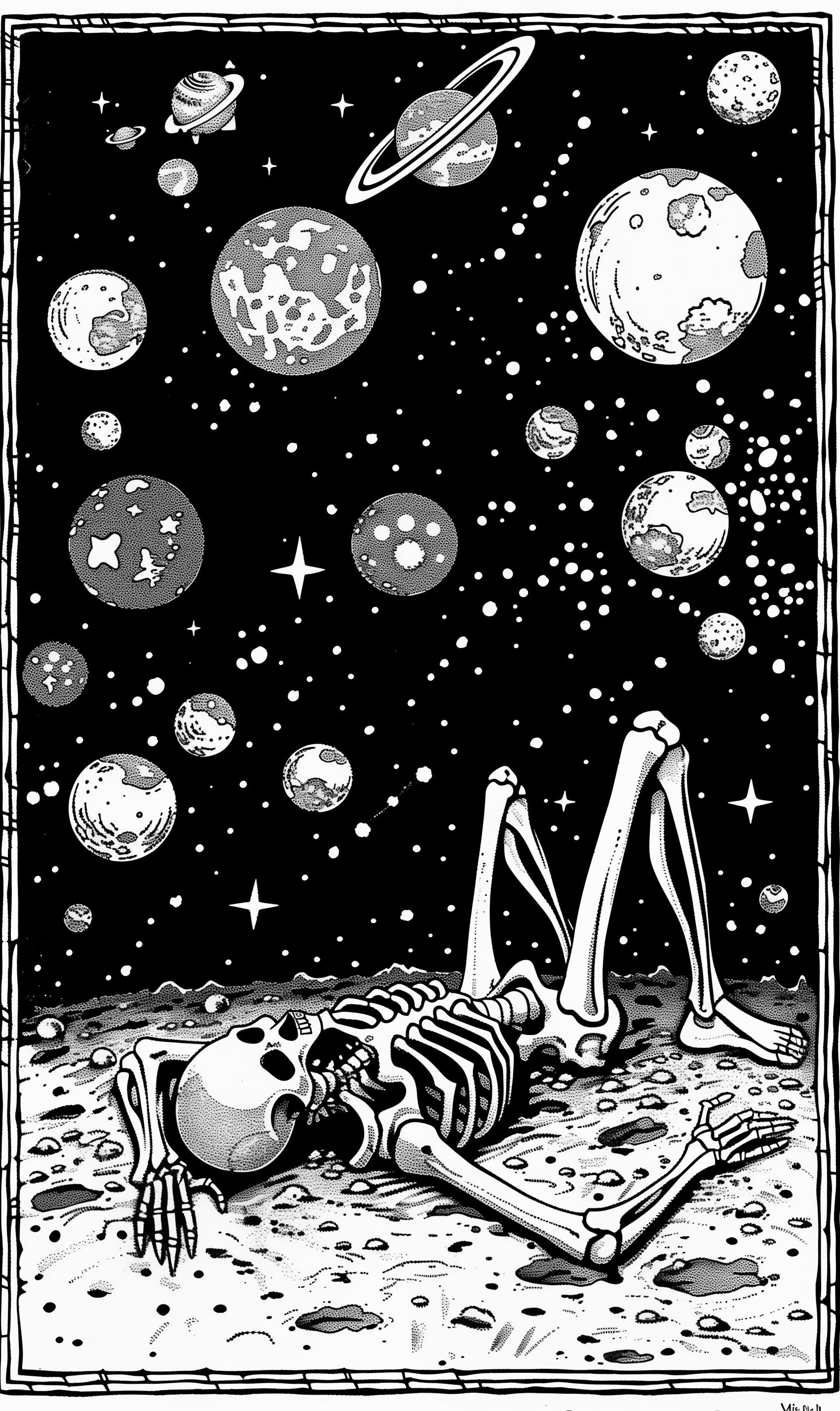 Woodcut illustration of an undead man laying on the ground, surrounded by glowing orbs, in space with stars and galaxies, black ink drawing by virgil finlay, white background, black and white pen line drawing --v 6. 0 --style raw --ar 19:32