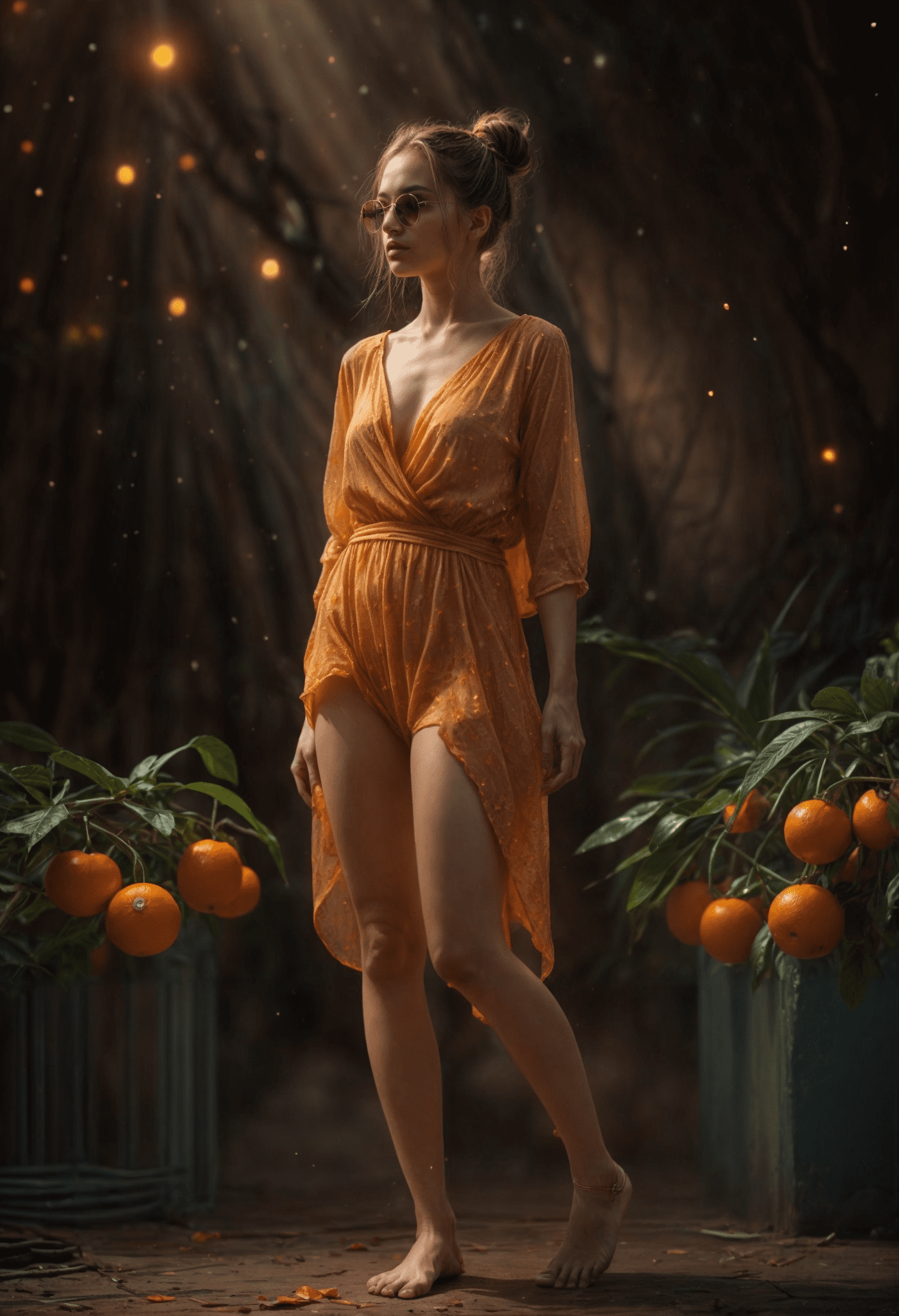 3d rendering of a woman in a bright orange dress with a deep neckline, standing in front of a backdrop of potted orange trees.