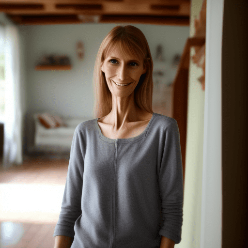 Skinny little german woman in casual clothing at home