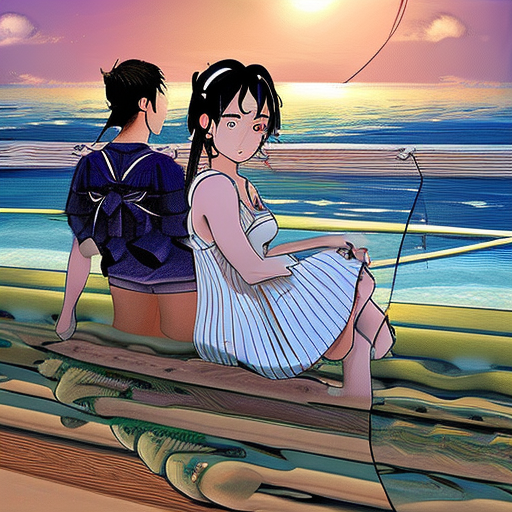Two women sitting flirting with the photographer at the shore of a beach| sunny day| ocean background | centered| key visual| intricate| highly detailed| breathtaking beauty| precise lineart| vibrant| comprehensive cinematic| avetetsuya studios | genshin impact, anime, manga