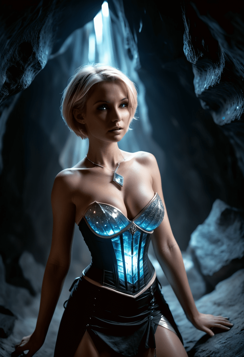 Fantasy photograph of a woman in a dark cavern, dynamic pose, luminescent corset, tight skirt, short blonde hair with dark highlights, perfect eyes, mystical, magical, ethereal, (brightly glowing crystal pendant:1. 2)