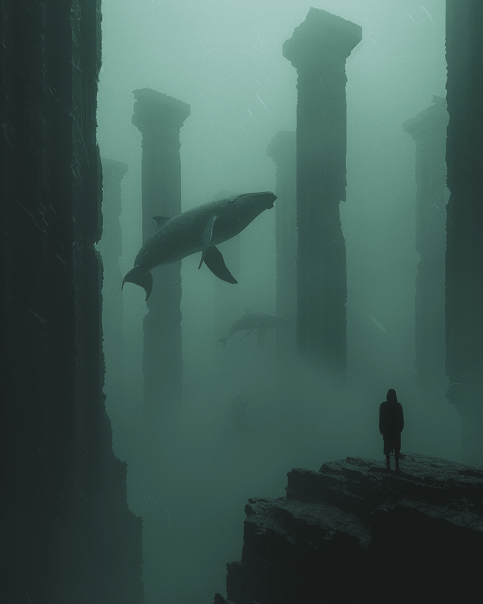 A dark minimalist digital painting with fog, tall columns and flying whales in the style of minimalism. --ar 4:5 --v 6. 0