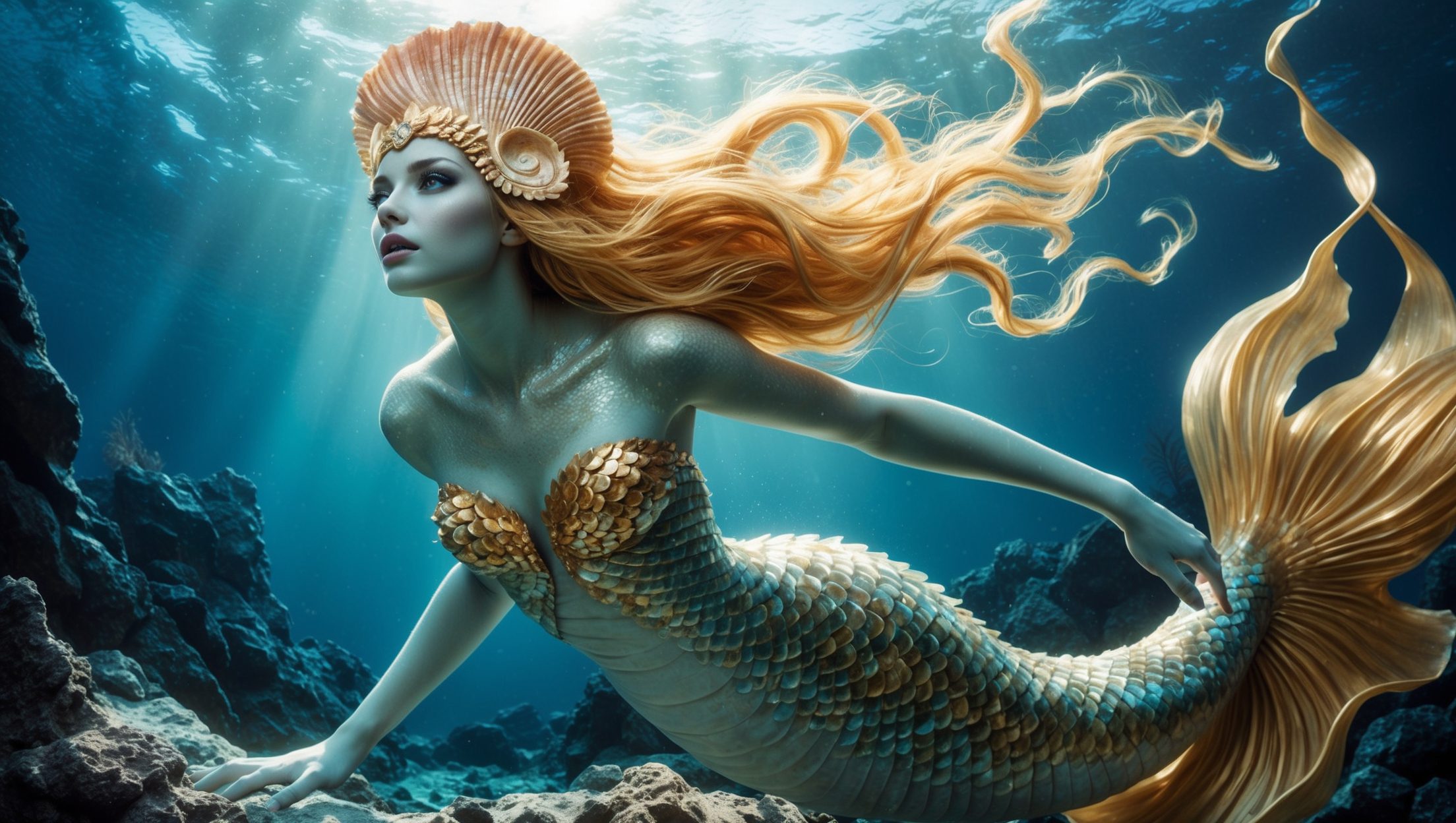 In the depths of an underwater world, a beguiling siren with shimmering scales and flowing golden hair beckons with ethereal beauty. This concept art piece is a detailed painting capturing the siren's enchanting presence. Each scale is painstakingly rendered, reflecting light in a mesmerizing display. The intricate details of her seashell crown and flowing tail add a sense of regal elegance to the image. The overall composition is vibrant and dynamic, inviting viewers to get lost in the allure of this mythical creature.