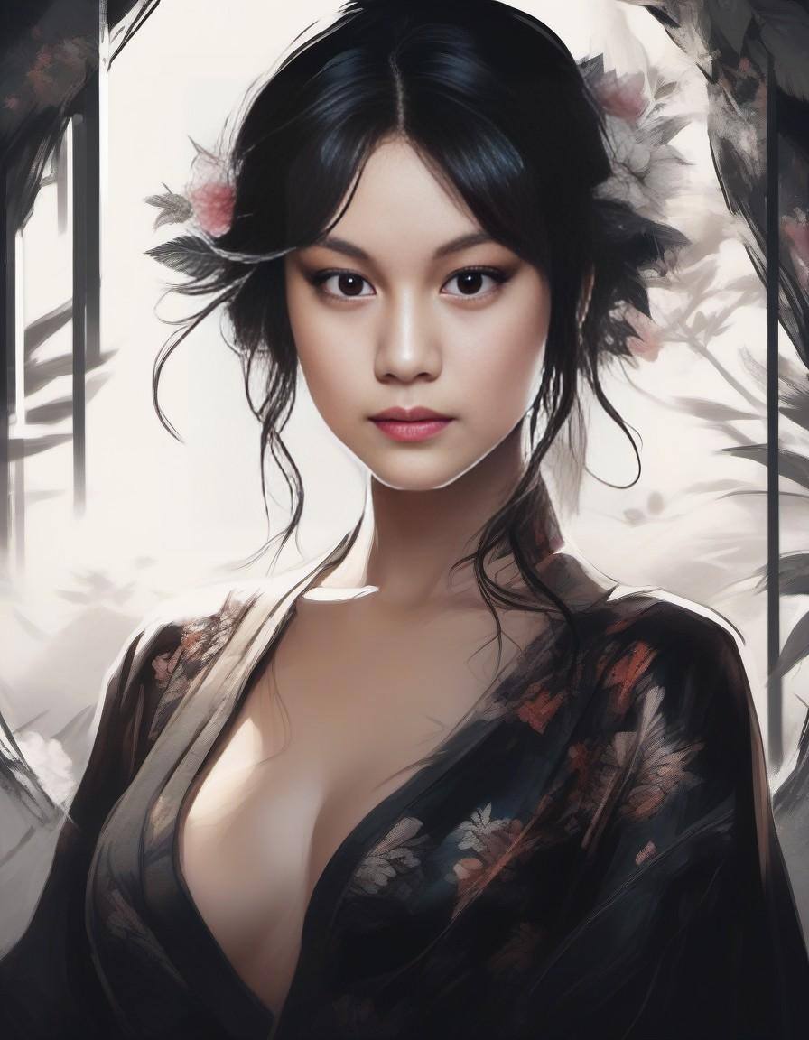 A portrait of a narcissistic girl in a paradise, emotive face, sultry, anime, in the style of comics, 8k, rough, dark background, muted colors, digital painting, very intricate