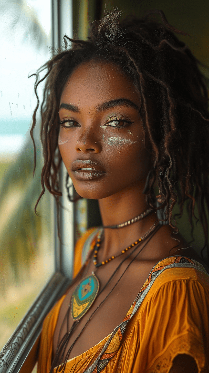 A stunning woman, dark skin, mid twenties, model, gazing out a window at the beach, dressed in bohemian clothing, cosmic energies, --stylize 750 --ar 9:16 --v 6. 0