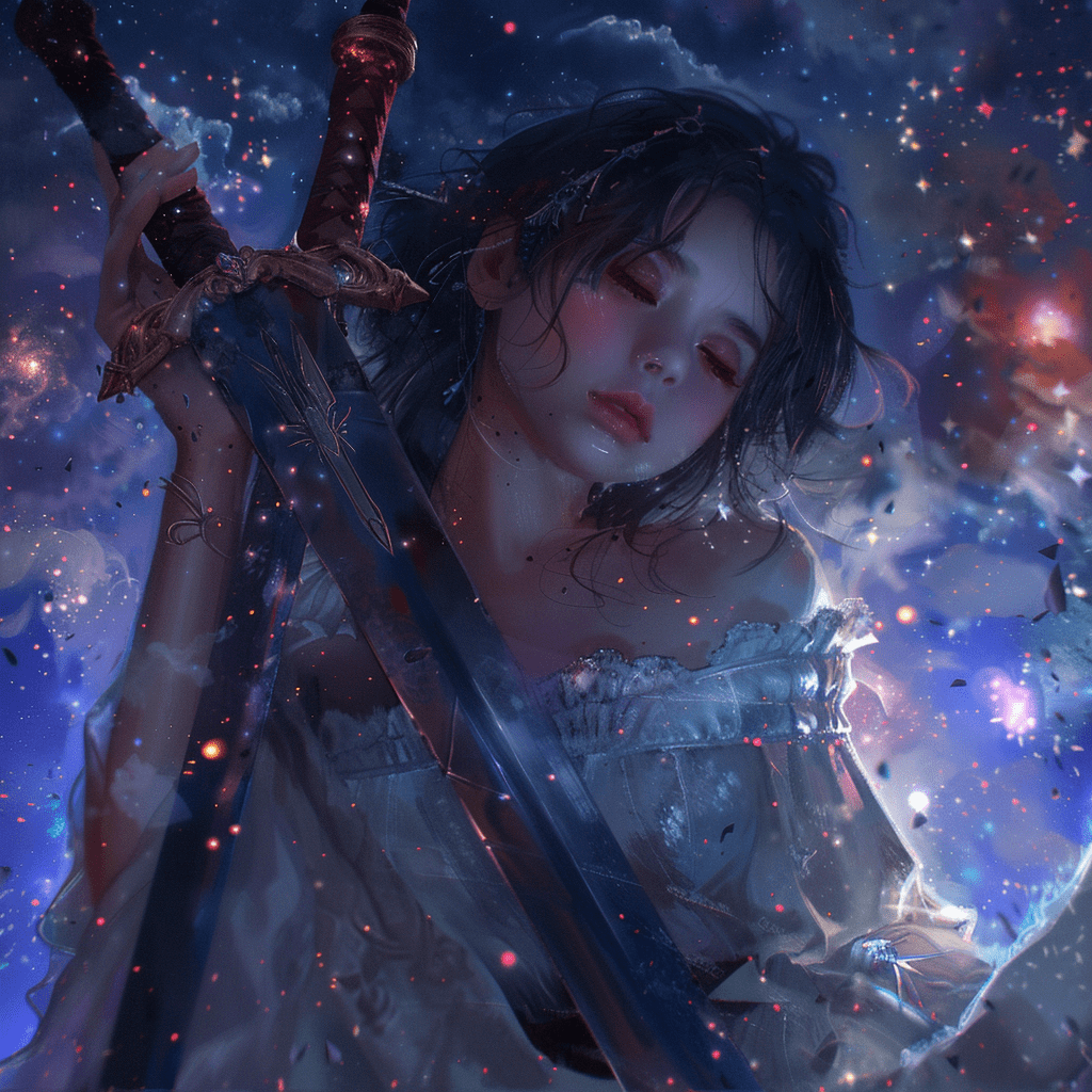 A girl in space, sword in hand, after many battles, eyes tired, looking somewhere, surrealistic, cozy light