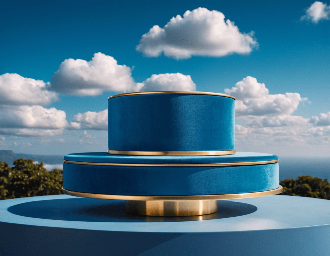 Product photography, beautiful blue podium for product, super detalised and fashion, with puffy clouds and sky in the background