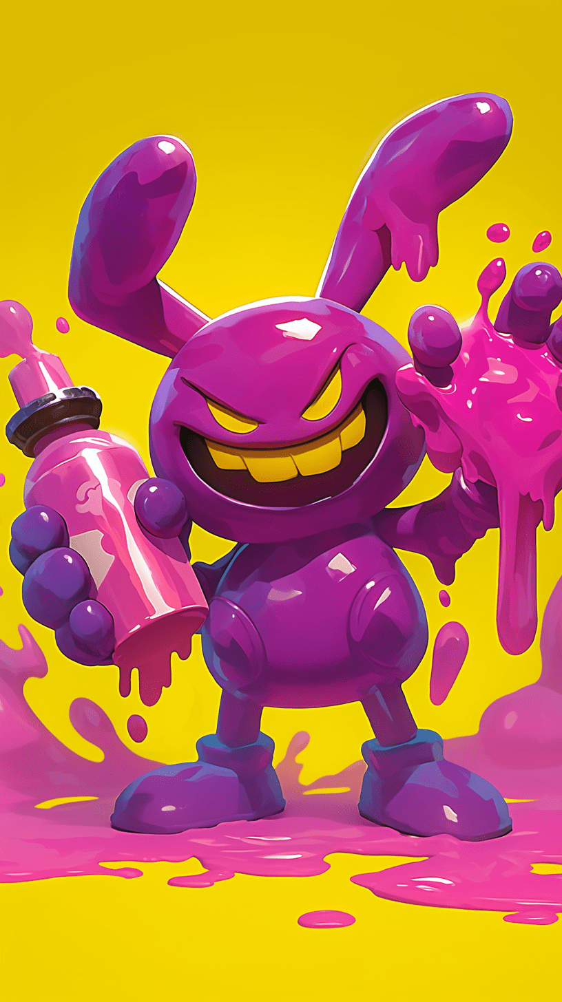 A cartoon-style illustration of an evil purple bunny character with yellow eyes, holding pink paint bottles and spilling it onto the ground. The background is bright yellow to contrast against his dark color scheme. He has large ears and wears oversized shoes that match in tone. His expression shows excitement or joy as he pours out vibrant pink liquid. --ar 71:128