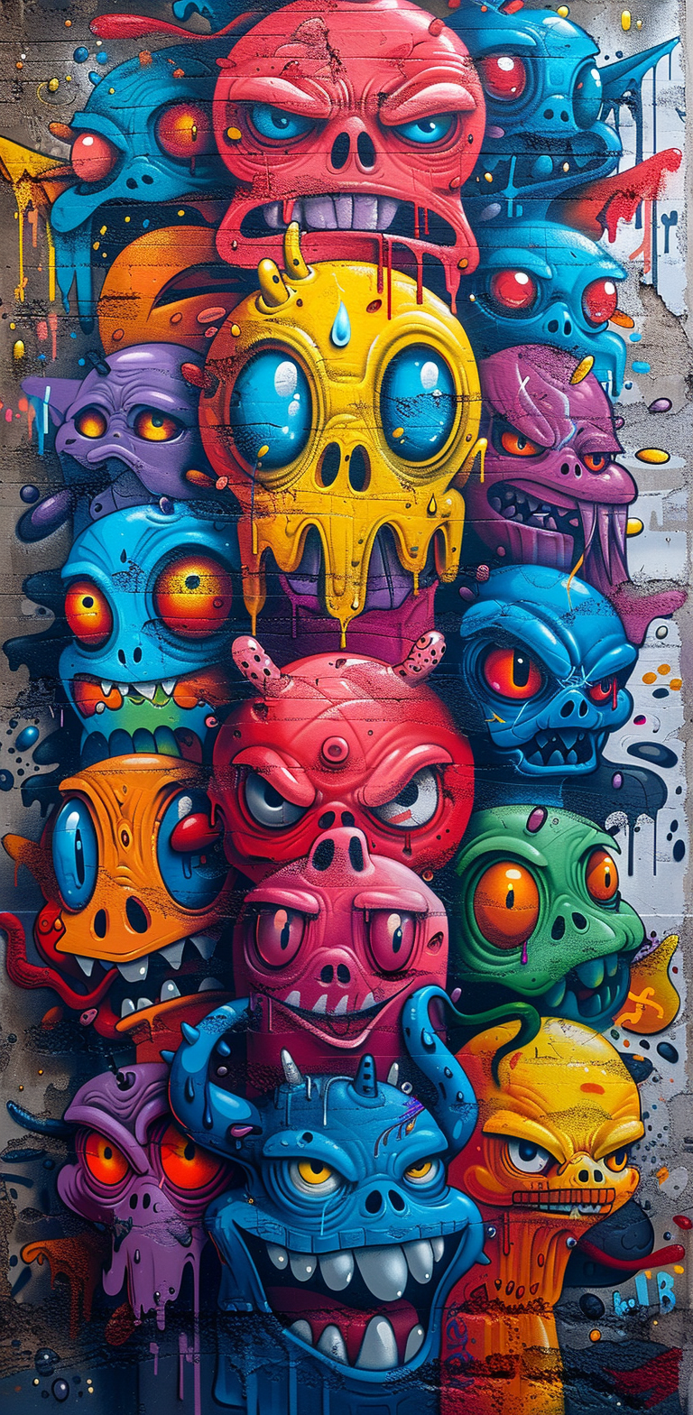 An intricate and colorful graffiti-style poster featuring various elements, such as cartoon characters, symbols of urban culture, and dynamic expressions, focusing on faces --ar 63:128 --stylize 750