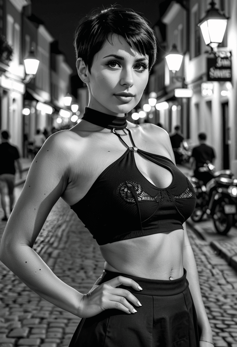 (black and white:1. 2) avant garde photograph of a 27 year old busty woman with a (cropped cut haircut:1. 1) , black hair, wearing a form-fitting cut-out (black crop top:1. 1) showing some cleavage with a collar, low rise skirt, fit midriff, hand on her hip, bokeh, outdoors in an old town at night, uhd, hyperrealistic, highly detailed, casting shadow style