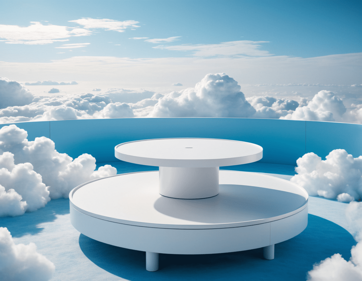 A white platform in the middle of the clouds, trending on cg society, sky blue and white color scheme, random circular platforms, stage, beautiful day