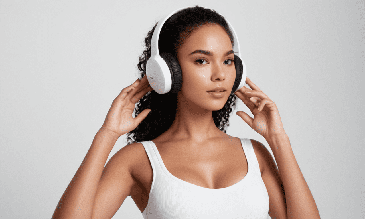Holding a pair of headphones in their hand, floating headsets, wearing modern headphone, headset, headphones, with headphones, modernist headphones, with head phones, official product photo, product design shot, product render, full lenght view. White plastic, futuristic product design, wearing a headset, product design render, headphones on, ambient occlusion:3