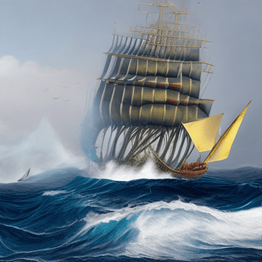 The leader and the team members are sailing together towards the goal in one ship against the strong waves of the sea