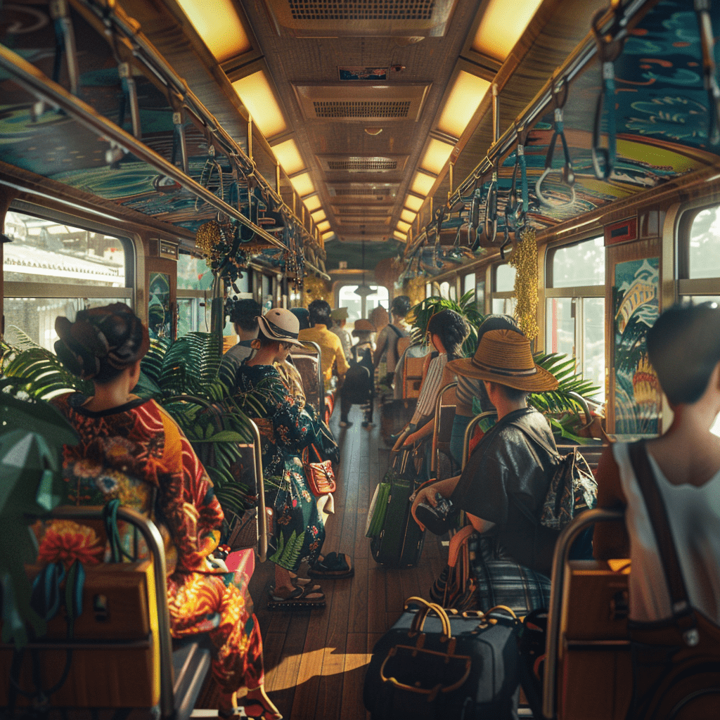A japanese crowded train in the morning, fashionable people with detailed face. The style of interior is between tropical and wooden with warm indirect light. The luggage racks overhead is surrounded by plants, the colorful bohemian style of chairs and walls. The scene makes interior of crowded trains utopian, natural, and surrealistic. Photorealistic, cinematic