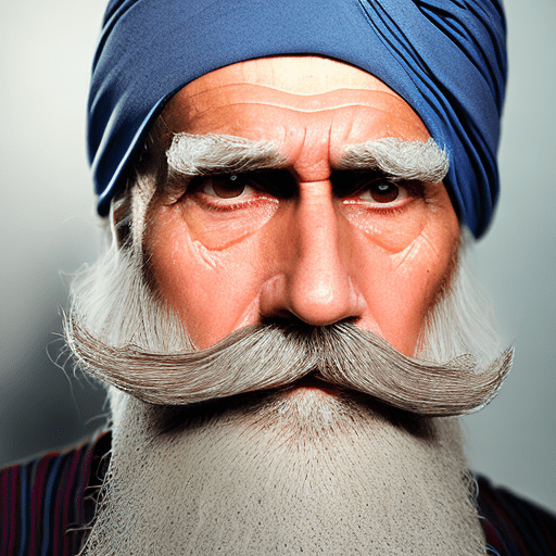 The image features an older man, a long white beard and mustache, wearing turban, he has a stern expression, giving the impression of a wise and experienced individual. The man's beard and mustache are prominent, adding to his distinguished appearance. The close-up shot of the man's face emphasizes his facial features and the intensity of his gaze.