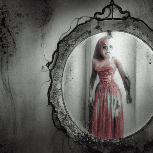 A female ghost ((with broken doll skin1:1) ) looking at her own reflection in an old mirror, splatterhouse style, gothic vibes, horror atmosphere.