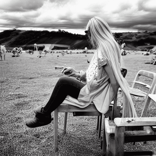 A blonde woman with long hair leans on a chair, in the style of social media portraiture, earthcore, coastal scenes, smilecore, fujifilm eterna 500t, lively tavern scenes, rusticcore --ar 63:64 --stylize 750