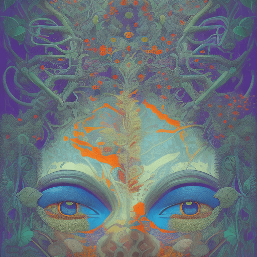 A painting of an eye with purple and orange flowers, in the style of james jean, mysterious jungle, martin ansin, 32k uhd, papua new guinea art, light blue and red, the space background where the plants grew beautifully is spread out poster --ar 37:61 --stylize 750 --v 6
