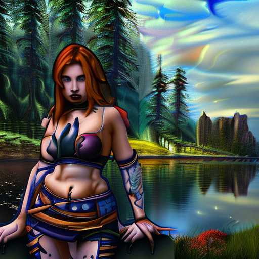 Ultra relalistic, slyvanas, world of warcraft, knieend, wall, tattoos, kaputzenpollover, 8k, hdr, emo, girl, woman, nice, beautiful, perfect, schaut zur kamera, realistic woman, super realistic, perfect girl, perfect woman, wide-angle, trees, wood, lake, more slyvanas form world of warcraft
