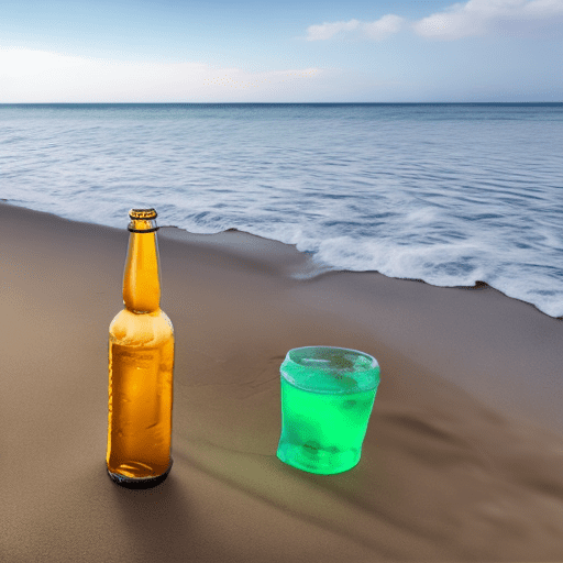 Una botella de erveza sobre arena de una playa, en la botella una etiqueta que diga cerveza costeña