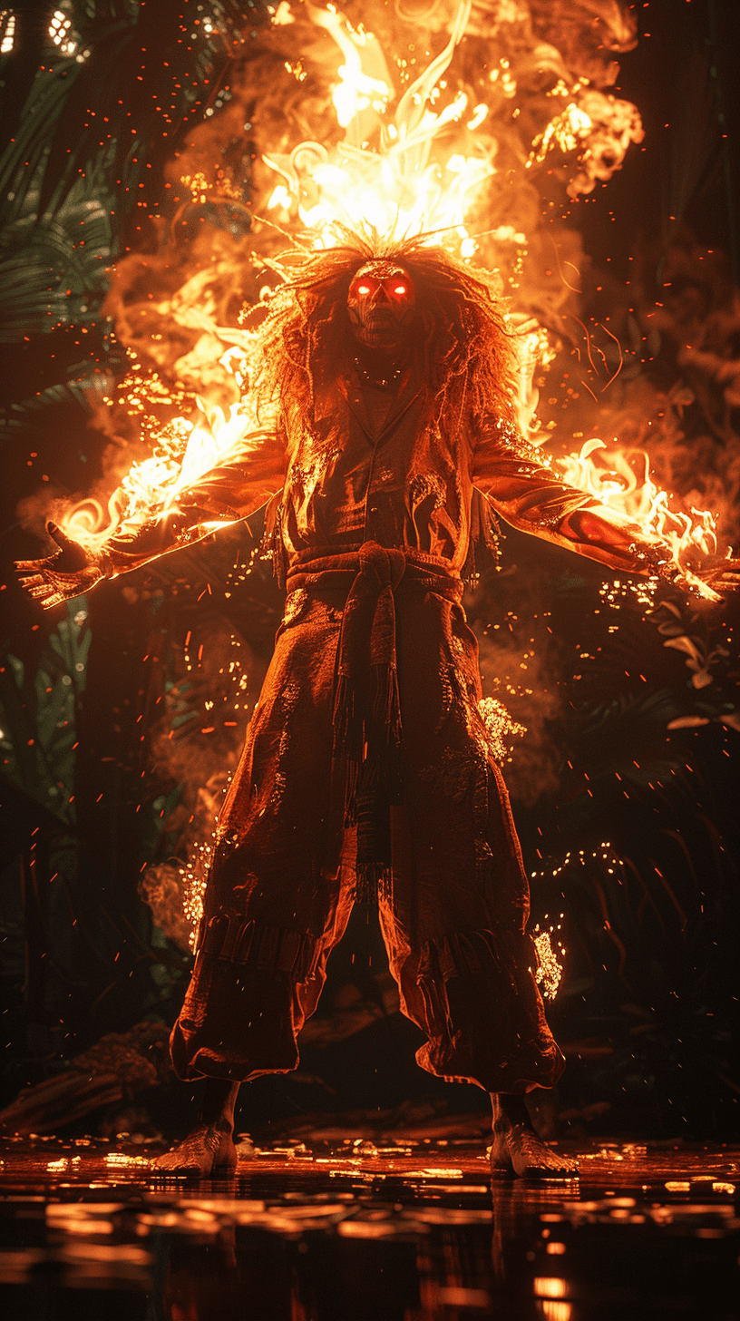 Brazilian folklore curupira, super-detailed hypermaximalist cinematography, human person, fiery hair, feet facing backwards, red fire-like eyes, on a giant background of the amazon rainforest in the background, standing pose, full body, intense lighting, 8k resolution --ar 9:16 --s 750