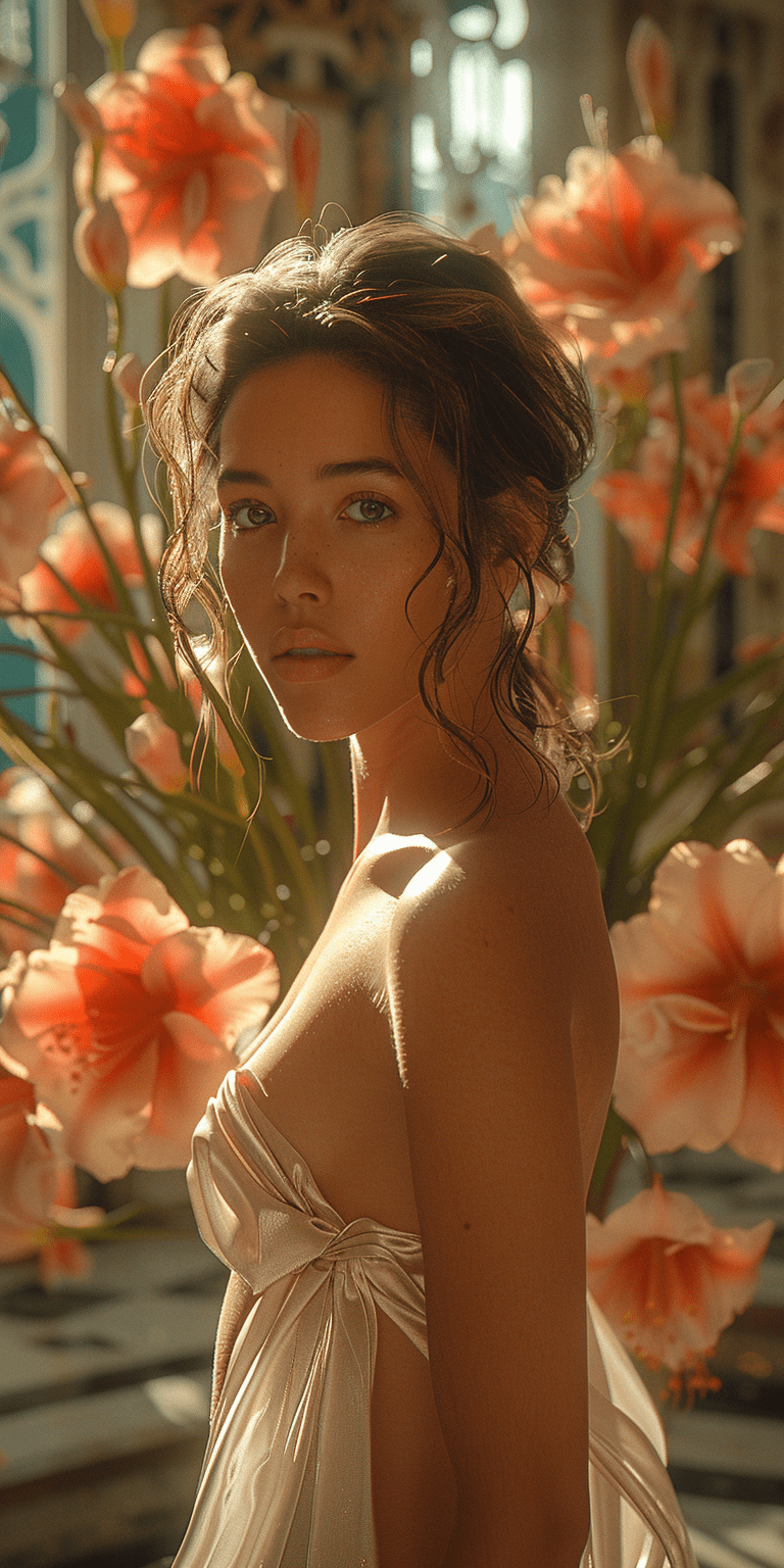 Cinematic scene of a woman in a hotel lobby with large flowers in the background, elegant and beautiful, photorealistic, depth of field, storytelling, ultra-detailed, beautifully colored, insane detail, octane rendering, sharp focus, strong use of contrast, and ultra-detail --ar 1:2 --stylize 750