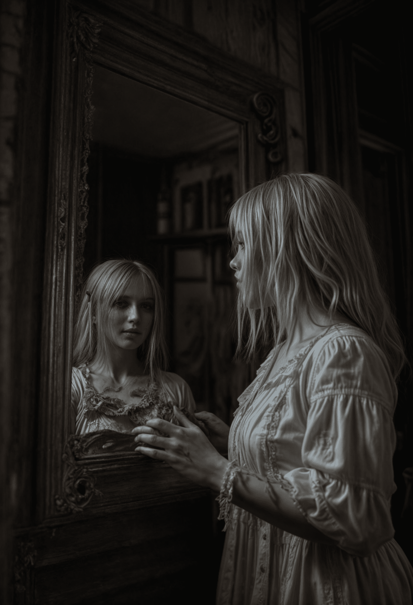 A female ghost ((with broken doll skin1:1) ) looking at her own reflection in an old mirror, splatterhouse style, gothic vibes, horror