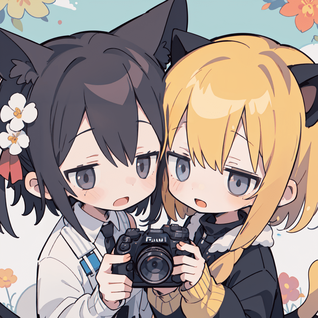 Best quality, (close-up:1. 1) , (2girls,chibi:1. 2) , (couple,polar opposites:1. 1) , :d, holding camera, fujifilm x30, cat ears, (looking at another:1. 2) , outdoors, flower field, petals, wind,
