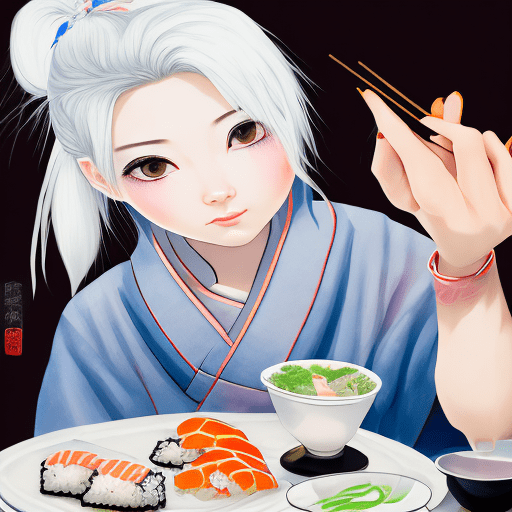 Highest quality, perfect masterpiece, perfect art, 8k, (young energetic girl, eating sushi in a restaurant, urban japanese style, white bandana, kimono with koi fish, environment is a japanese restaurant; the overall color tone is bright; thick coating style, (white hair: 1. 3) , (black background: 1. 3) , pearl illusion, cyberpunk, fashion trends, 3s material, hd, detail performance, c4d, 3d, octane rendering, ray tracing, complex details, animated lighting, ocrenderer, 8k, --niji 5 --style expressive