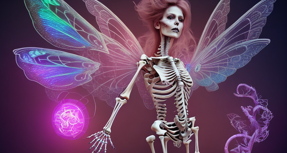 Full body image of a fairy, fairy skeleton diagram, wing skeleton and anatomical details, breathtaking fairytale theme illustration, magic luminous multicolor swirling smoke and glowing particles, glowing illumination, low neon effects, sharp focus, intricate details, concept art contest winner, pro work, artstation, imgur, pinterest, hd, hq, 4k, 8k, pro perspective work, oil on canvas, colorful painting, (((professional photographer) )) using a (((very long exposure) )) to capture a (((serenely posed reflection) )) by a (((beautiful smile 5d gothic woman) )) with flowing, (((red white stars dark blue hair) )), which is styled in a (((luxurious bun) )), with a (((back fill light) )) that brings out the detailed textures of her (((skin) )), accompanied by (((softly glowing, reflective) )) that completes the overall aesthetic, hyper realistic super detailed close up, narcissistic megalomaniacal extreme, firework ramparts , deep dark water, cosmophobia