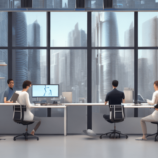 A photorealistic scene of a tech startup incubator, featuring young innovators working on futuristic devices, set against a backdrop of a smart city. Background with clean, minimalist design and large windows showing the cityscape. Soft natural lighting with warm tones. Created using: photorealism, modern minimalism, high-detail, hd quality, innovative tech, collaborative workspace, smart city elements, natural light --ar 16:9 --v 6. 0