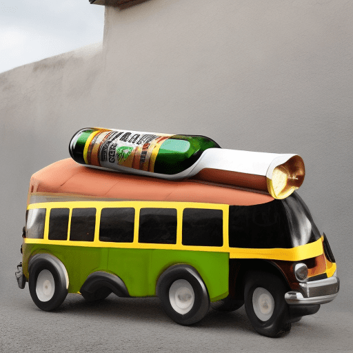 One horizontal beer bottle that looks like a bus on wheels, cerveza costeña