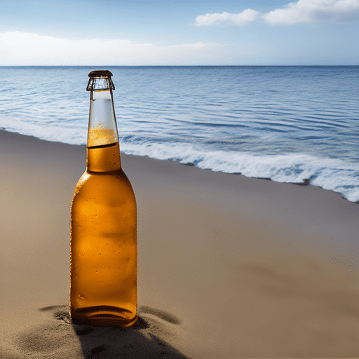 Una botella sobre arena de una playa , en la botellase lee cerveza costeña
