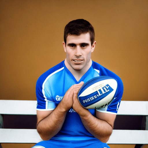 Full body photo of an athletic man in blue and white rugby kit, holding a rugby ball, sitting on the bench with his hands resting across each other, looking at the camera, short brown hair, clean shaven face, barefoot, taken in the style of canon eos r50 --v 6. 0 --ar 7:8