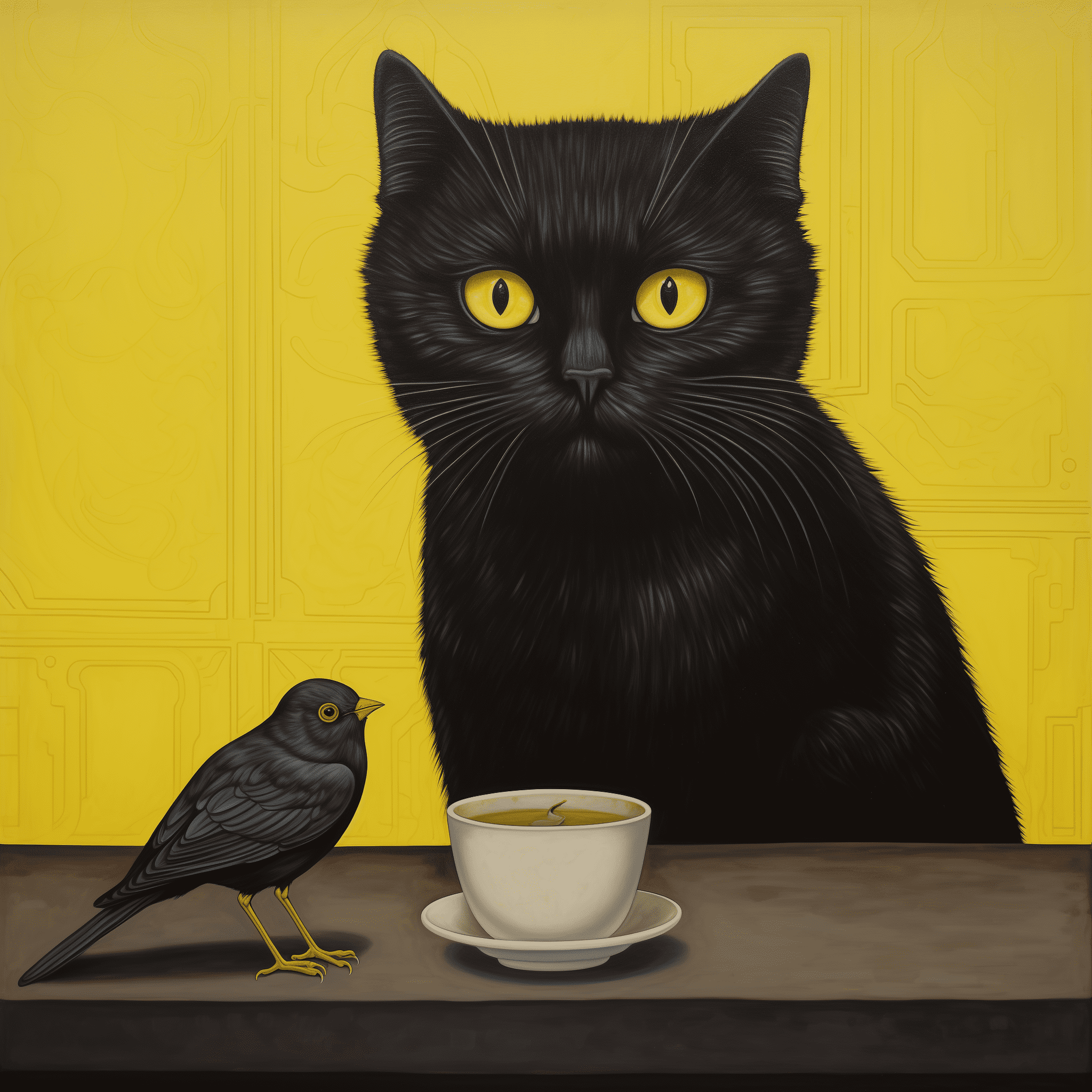 Black cat with yellow eyes eating canary, surreal painting in the style of david mccloud and wes anderson --v 5. 2