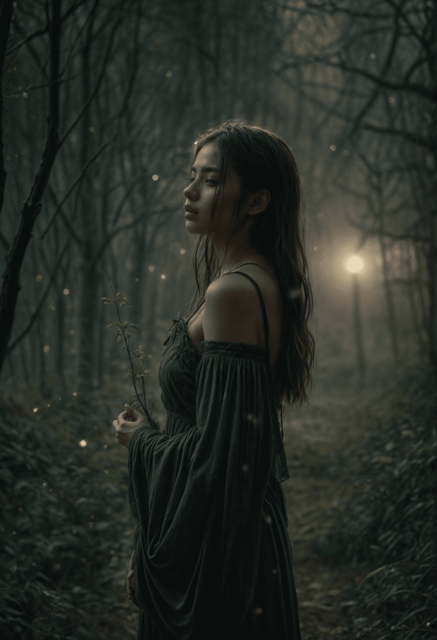 8k, fine art, dreamy background, fog, gloomy, dark fantasy. Bright, beautiful, splashes, glittering, sweet and enchanting, delicate, edge lighting, lights, extreme, magic, surreal, fantasy, woman, many fireflies, mystique