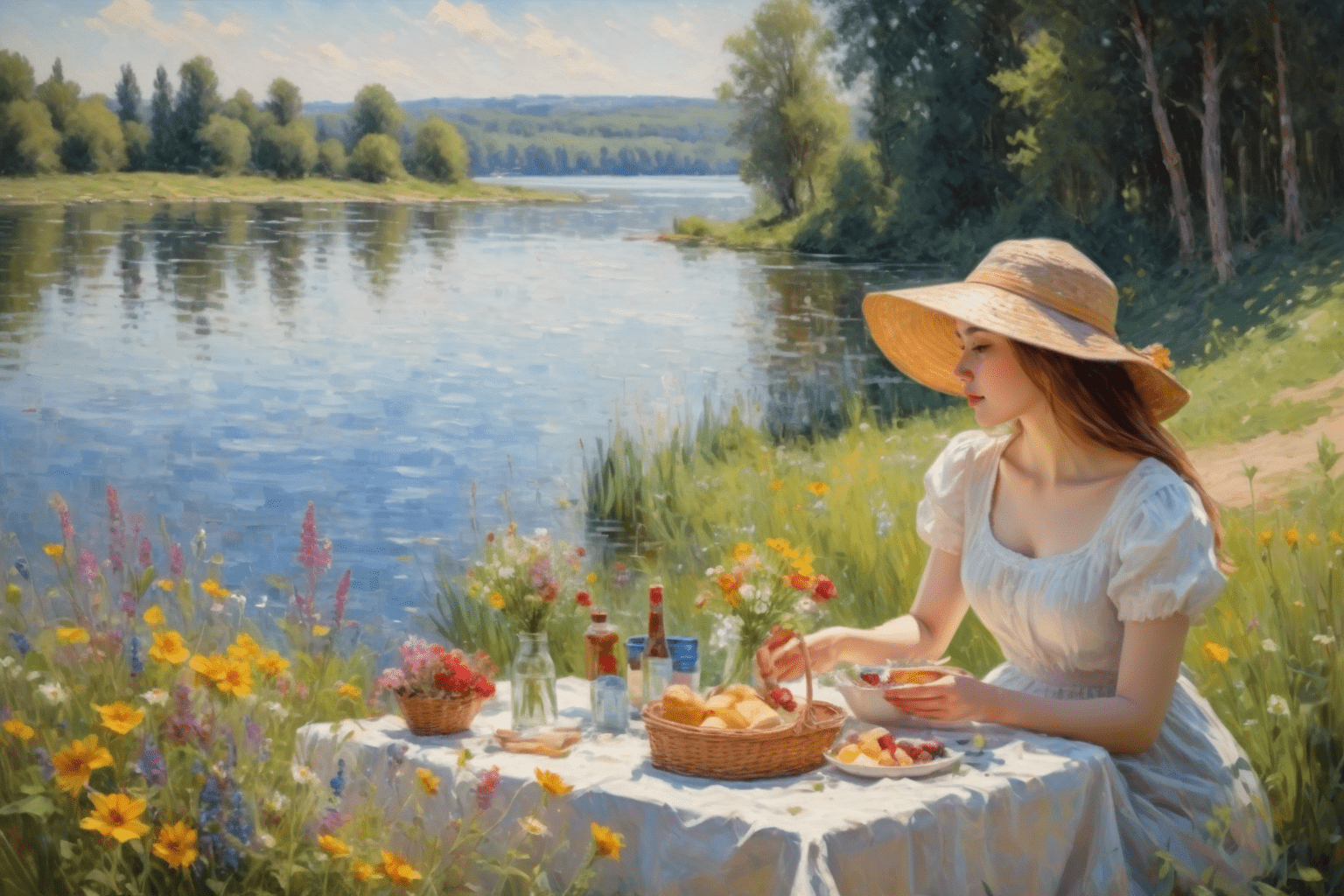 ((masterpiece) ), (exquisite) , impressive, ((striking) ), landscape, lake, wildflowers, women having a picnic by the lake, impressionist oil painting, thick impasto technique, soft natural light, ambient lighting, daylight, wide angle