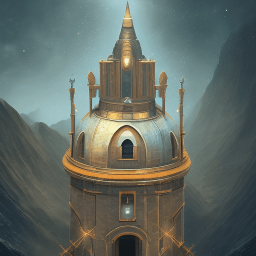 A lonely spire in the middle of the mountain range and a girl with a port tower in it, in front of, extreme long shot, pictures of beautiful backgrounds where space plants grow in hyperrealistic, cinematic, rich colors and pastel tones. You have to be symmetrical, creative, and feel like a greek mural, add glittering stars and planets, geometrically, completely left-right symmetrical, the composition, color, and cinematic expression are wes anderson style