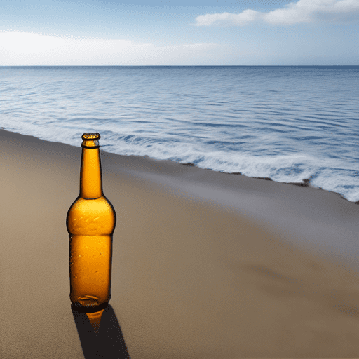 Una botella sobre arena de una playa , en la botella se lee cerveza costeña