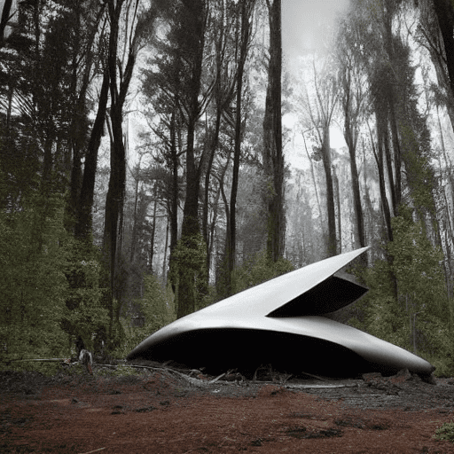 Imagine a dramatic scene featuring a futuristic spaceship that has crash-landed in a dense forest. The spaceship, sleek and advanced in design, is now partially buried in dirt, showing signs of significant damage. Thick smoke billows from the wreckage, enveloping the area. Nearby, an alien humanoid stands, observing the chaos. This alien, possessing a distinctly human-like form but with unique extraterrestrial features, adds a poignant layer to the scene. Around the crash site, several trees are broken, their trunks scorched and smoldering with fire, contributing to the overall sense of disaster. The lighting is stark, highlighting the contrast between the alien technology and the natural environment, enhancing the dramatic impact of the moment.