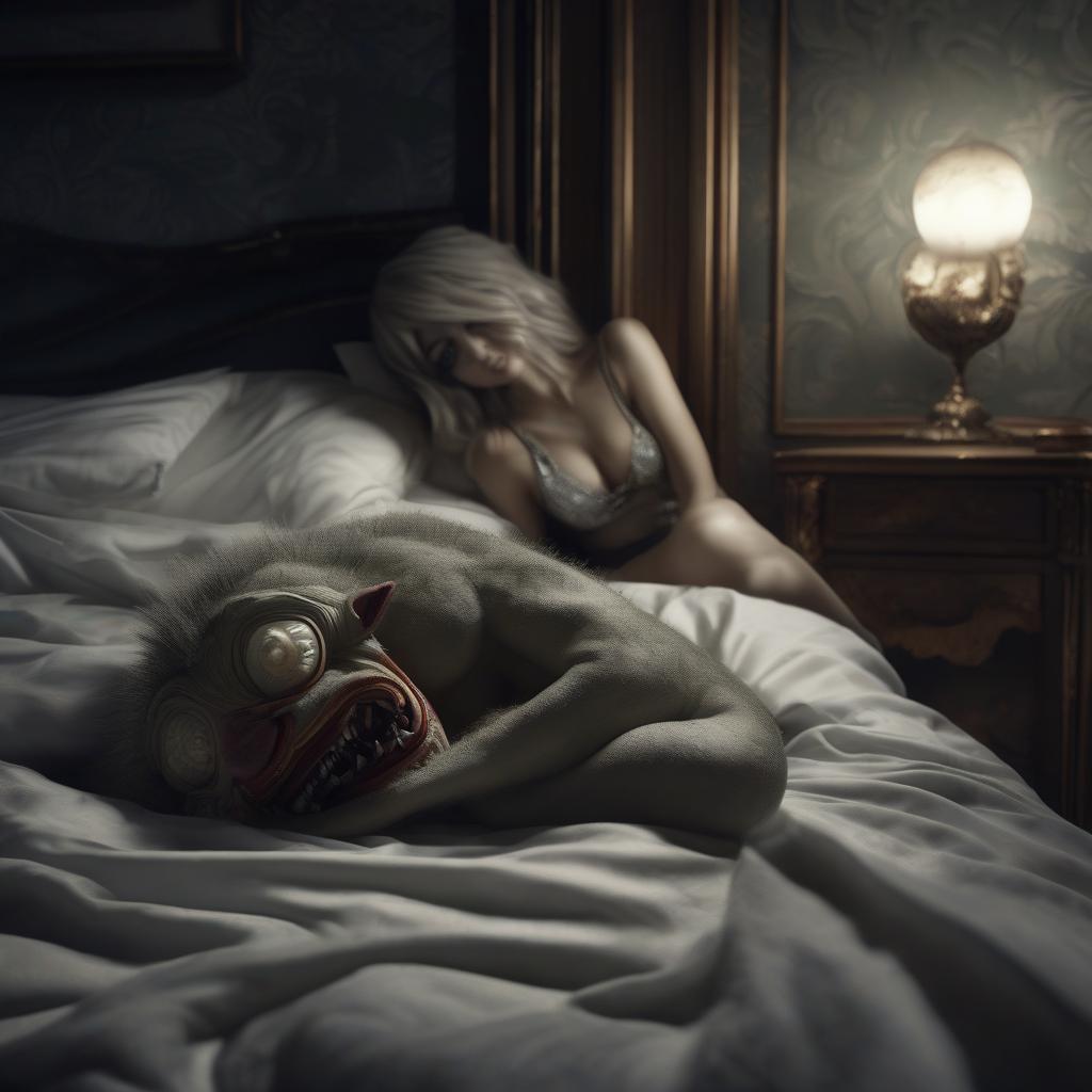 A seductive monster in your bed at night, in the style of henri fuseli, quirky characters, playful cartoons, hyper-realistic atmosphere, dreampunk, gritty reportage, soft, dreamy scenes, punctuated caricature, rendered in maya, photo, digital art, fantasy