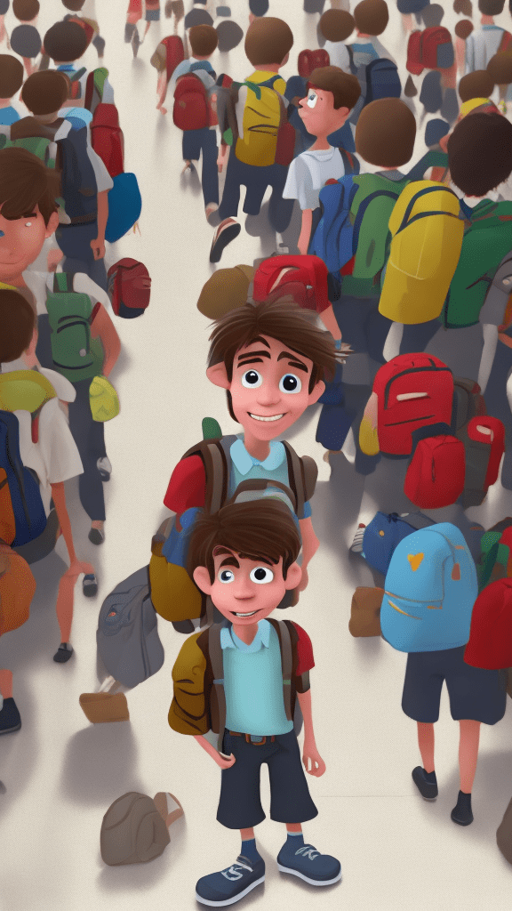 "a young boy named jack, with messy brown hair and a nervous expression, standing alone in a crowded school hallway, clutching his backpack. " pixar animation style detailed and realistic