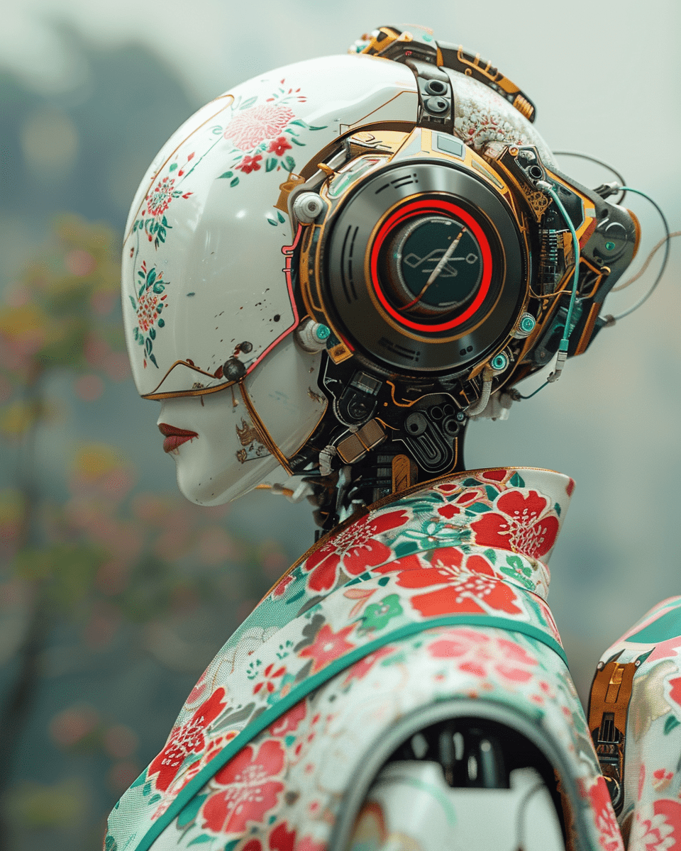Cyberpunk humanoid robot geisha, flower kimono, very colorful, depressed look, hypermaximalist, elegant, super detailed, 32k, insanely detailed and intricate, photography, photoshoot, shot on 70mm lense --s 350 --v 6. 0 --ar 4:5