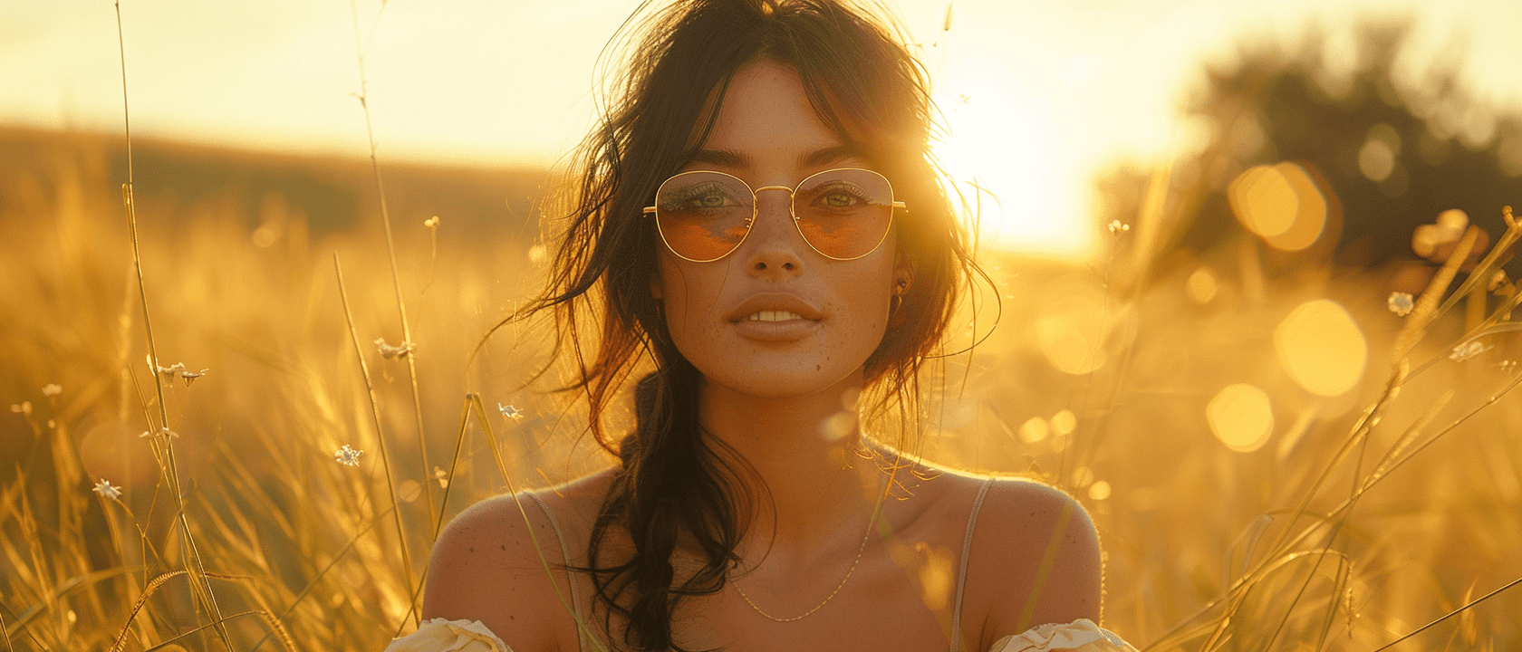 Fashion photo of 30 year old balaeric woman, sitting under a willow tree, medium length dark wild hair, windblown, in the mountains , stunning sunset, ray-ban sunglasses, bohemian, baroque, steampunk, loose short skirt, bokeh, victoria frances --ar 7:3 --stylize 750