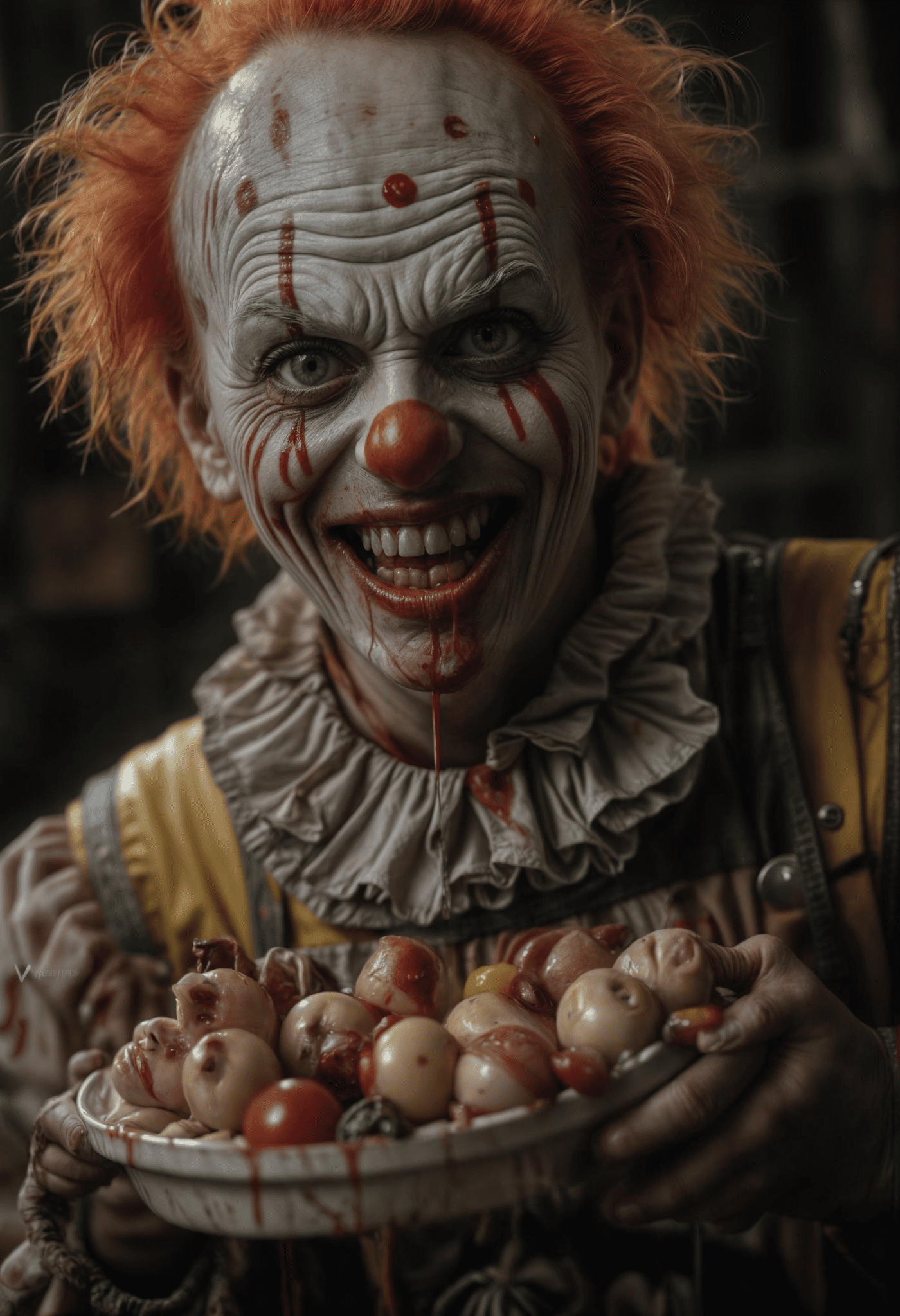 A creepy horrorclown is eating ugly things , gore, , dirty atmoshere,