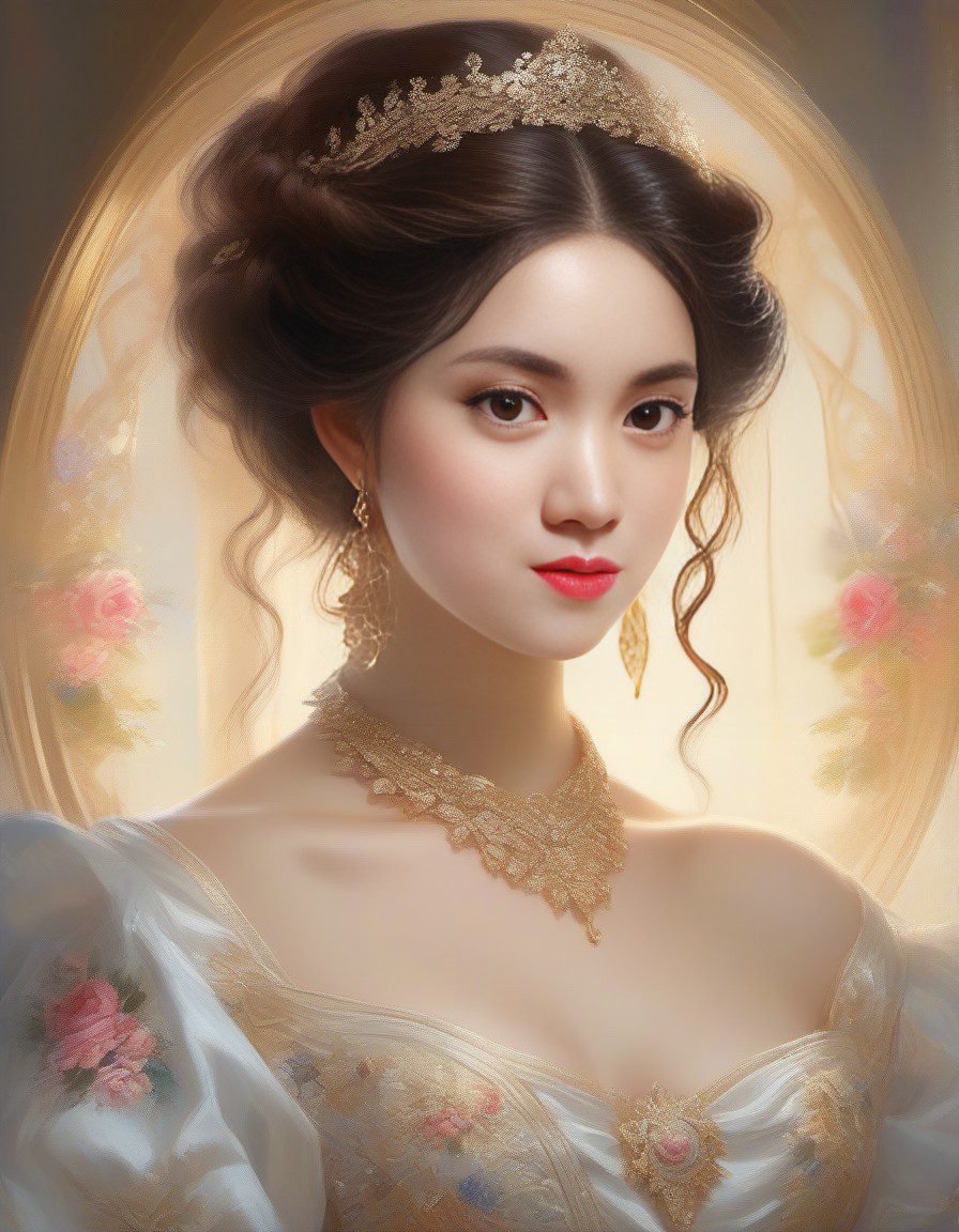 Cute girl, high quality victorian era, ultra-detail, illustration, painting, best illumination, finely detail, oil painting, francois boucher claude monet, franz xaver winterhalter, smirk, glitter many particles, intricate details, soft lighting, beautiful detailed glow, hair bowtie, intricate halter backless dress, gloves, ornate mansion's foyer.